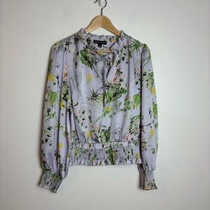INC International Concepts Lilac Floral Satin Ruffled Smocked Blouse Size Medium